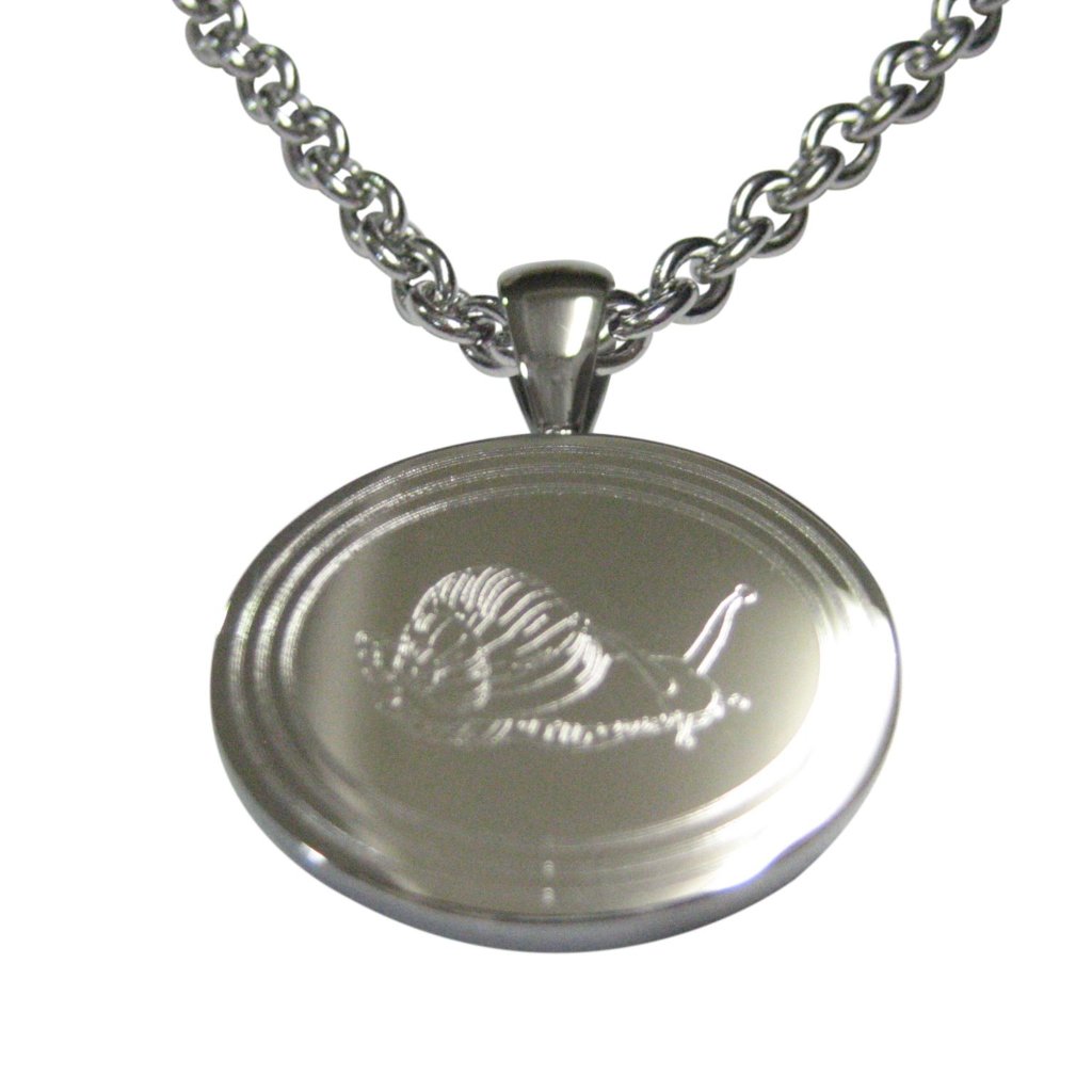 Silver Toned Etched Oval Snail Pendant Necklace